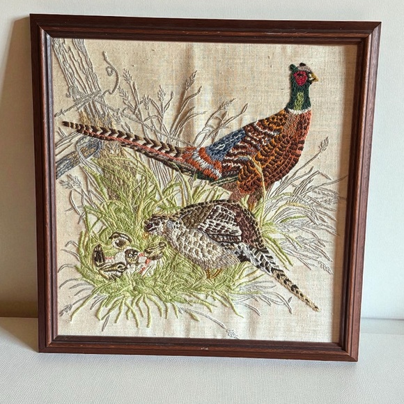 VTG Cross Stitch Framed Pheasant Family Bird 1977 Cabin Fall Embroidered 18x18 - Picture 1 of 13